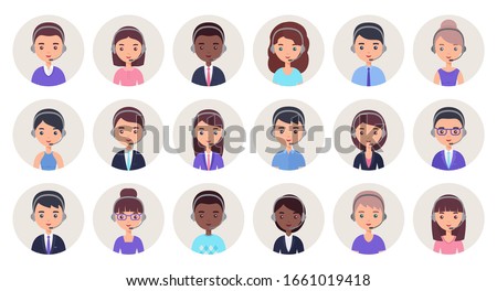 Call center operator icon. Vector. Service agent customer avatar in headset. Support manager in headphone. Flat design. People faces isolated in circles. Cartoon illustration. Online contact help. 