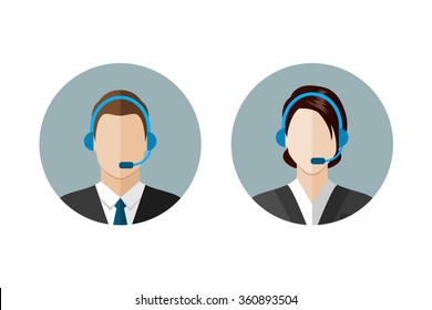 Call Center Operator Icons. Man And Woman With A Headset. Customer Support. Client Services And Communication,  Phone Assistance. Web Icon, Flat Style Vector Illustration