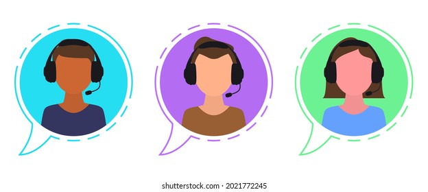 Call center operator icons. Operators with headphones and a microphone. Customer support. Customer services and communication, telephone assistance. Web icon, vector flat style illustration.