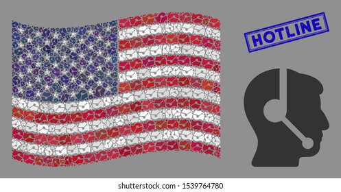 Call center operator icons are organized into American flag mosaic with blue rectangle grunge stamp seal of Hotline caption.