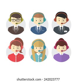 Call center operator icons with a smiling friendly man and woman, vector