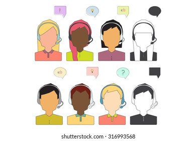 Call Center Operator Icons. Support service. Vector Flat Illustration.