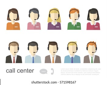 Call Center Operator Icons. Vector Flat Illustration