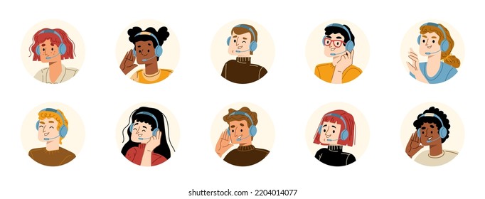 Call center operator isolated avatars, round icons set. Customer support service, online help agents wear headset. Telemarketing, internet technical helpdesk, Cartoon linear flat vector illustration