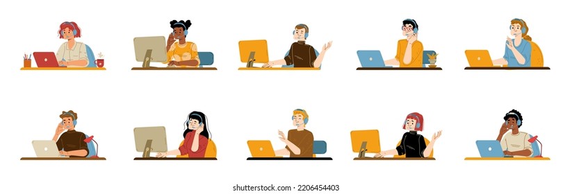 Operador de centro de llamadas aislado. Servicio de asistencia al cliente, los agentes de ayuda en línea llevan auriculares con sus clientes a través de Internet. Ayuda técnica de línea directa, ilustración lineal vectorial de dibujos animados