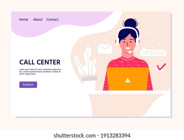 Call center operator landing pag for web. Smiling office workers with headsets cartoon characters. Clients assistance, hotline operator, consultant manager, customer support, telephone assistance