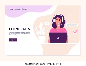 Call center operator landing pag for web. Smiling office workers with headsets cartoon characters. Clients assistance, hotline operator, consultant manager, customer support, client calls