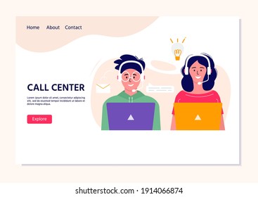 Página de inicio del operador del centro de llamadas para web. Trabajadores de oficina sonrientes con personajes de dibujos animados con auriculares. Asistencia a clientes, operador de línea directa, gerente de consultores, atención al cliente, asistencia telefónica.