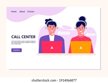 Call center operator landing page for web. Smiling office workers with headsets cartoon characters. Clients assistance, hotline operator, consultant manager, customer support, telephone assistance.