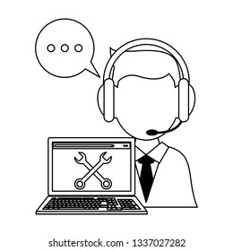 Call center operator with laptop technical support in black and white