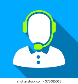 Call Center Operator long shadow vector icon. Style is a flat light symbol with rounded angles on a blue square background.