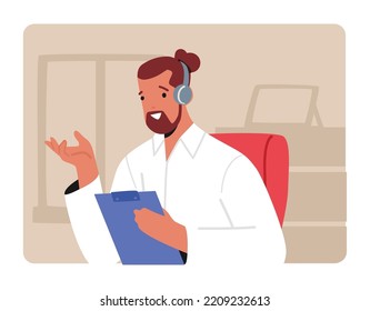 Call Center Operator Male Character Support Customer by Telephone Hotline. Man in Headset Working at Help Desk Figure Out Client Problems and Reply Questions. Cartoon People Vector Illustration