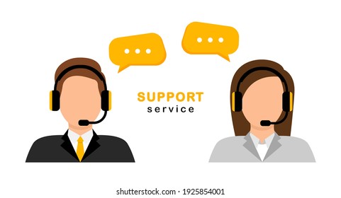 Call center operator. Male and female customer service avatar. Call center online assistant in headphones. Hotline support service 24h. Vector illustration.