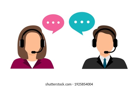 Call center operator. Male and female customer service avatar. Call center online assistant in headphones. Hotline support service 24h. Vector illustration.