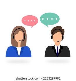 Call center operator. Male and female customer service avatar. Call center online assistant in headphones. Hotline support service 24h. Vector illustration.