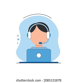 Call center operator. Male. Hotline support service 24h. Call center online assistant in headphones. Vector illustration.
