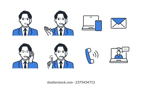 Call center operator male simple vector icon illustration set material