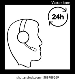 call center operator. Man with earphones and microphone. 24 hours
