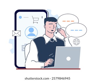 Call center operator. Man wearing headset with laptops answer customer questions. Assistant and helper. Consultation and guide, information. Linear vector illustration