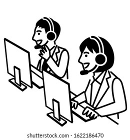 Call center operator. man and woman in headset. Vector illustration.