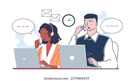 Call center operator. Man and woman with laptops answer customer questions. Hotline and customer support service. Assistant and helper. Linear vector illustration