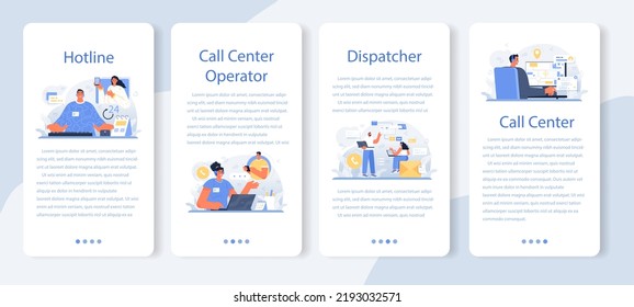 Call center operator mobile application banner set. Technical support or customer service. Hotline consultant helps a customer providing them with valuable information. Flat vector illustration