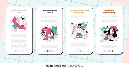 Call center operator mobile application banner set. Technical support or hotline service consultant providing a customer with information. Opinion poll or cold call operator. Flat vector illustration