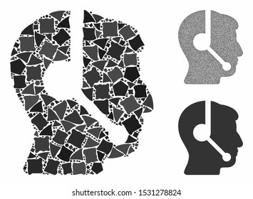 Call center operator mosaic of abrupt elements in different sizes and color tones, based on call center operator icon. Vector ragged parts are organized into mosaic.