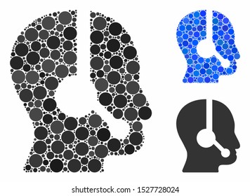 Call center operator mosaic of circle elements in variable sizes and color tints, based on call center operator icon. Vector circle elements are united into blue illustration.