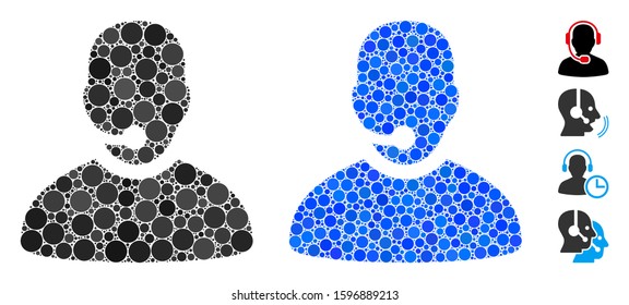 Call center operator mosaic of circle elements in various sizes and shades, based on call center operator icon. Vector filled circles are organized into blue mosaic.
