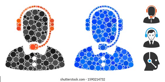 Call center operator mosaic of filled circles in various sizes and color hues, based on call center operator icon. Vector random circles are composed into blue collage.