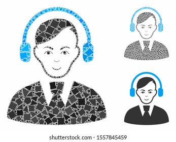 Call center operator mosaic of raggy pieces in different sizes and color hues, based on call center operator icon. Vector inequal pieces are united into mosaic.