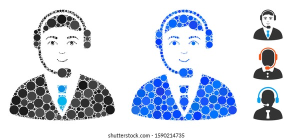 Call center operator mosaic of round dots in different sizes and color tinges, based on call center operator icon. Vector round elements are composed into blue mosaic.