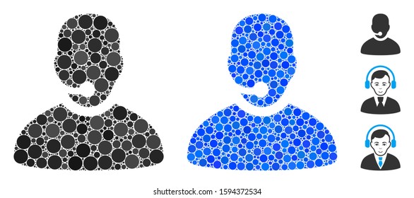 Call center operator mosaic of round dots in different sizes and shades, based on call center operator icon. Vector round dots are united into blue composition.