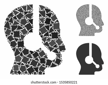 Call center operator mosaic of uneven parts in variable sizes and shades, based on call center operator icon. Vector humpy elements are grouped into mosaic.