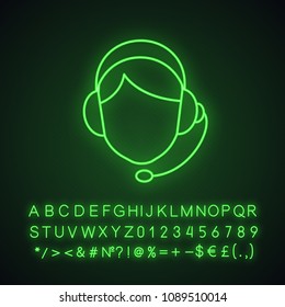 Call center operator neon light icon. Support service. Glowing sign with alphabet, numbers and symbols. Vector isolated illustration
