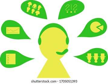 Call Center Operator, online Customer Support Service Assistant with headphone. Green and Yellow Vector illustator. Manager with graphs and tasks. 