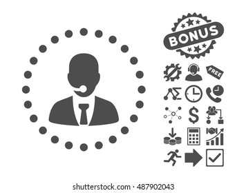 Call Center Operator pictograph with bonus pictogram. Vector illustration style is flat iconic symbols, gray color, white background.