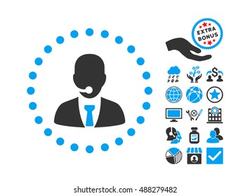 Call Center Operator pictograph with bonus clip art. Vector illustration style is flat iconic bicolor symbols, blue and gray colors, white background.