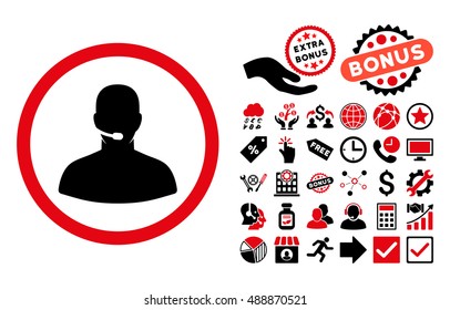 Call Center Operator pictograph with bonus pictograph collection. Vector illustration style is flat iconic bicolor symbols, intensive red and black colors, white background.