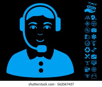 Call Center Operator pictograph with bonus aircopter service pictures. Vector illustration style is flat iconic blue symbols on black background.