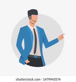 Call center operator pointing finger. Customer support phone worker with headset, 24 7 hotline, male. Customer support concept. Vector illustration for presentation slide, poster, new projects