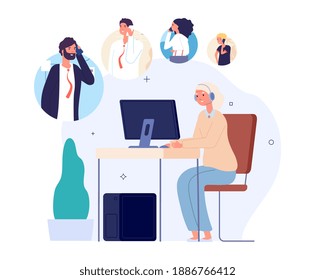 Call center operator queue. Support service waiting line, people need help or faq. Senior woman work, customer manager at computer desk with headphones vector concept