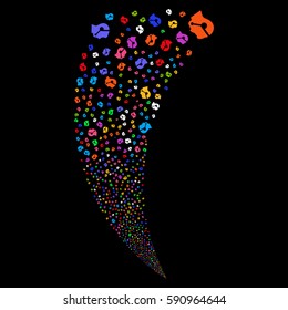 Call Center Operator random fireworks stream. Vector illustration style is flat bright multicolored iconic symbols on a black background. Object fountain organized from scattered pictographs.