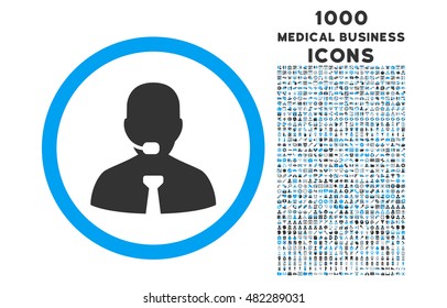 Call Center Operator rounded vector bicolor icon with 1000 medical business icons. Set style is flat pictograms, blue and gray colors, white background.