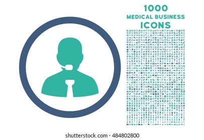 Call Center Operator rounded vector bicolor icon with 1000 medical business icons. Set style is flat pictograms, cobalt and cyan colors, white background.