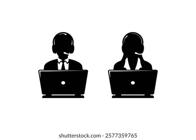 Call center operator service headset web icon design. Male and female silhouette operators