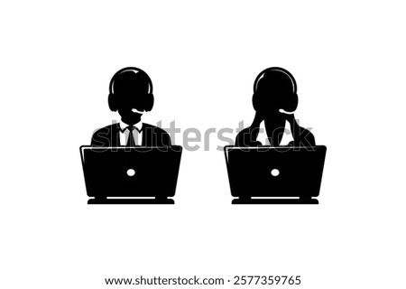 Call center operator service headset web icon design. Male and female silhouette operators