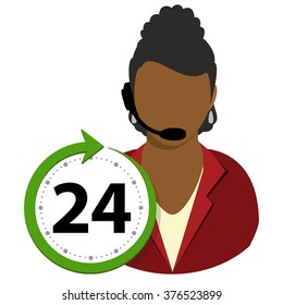 Call Center operator service and support around the clock or 24 hours and 7 days a week woman avatar flat style icon isolated on white background. Vector illustration
