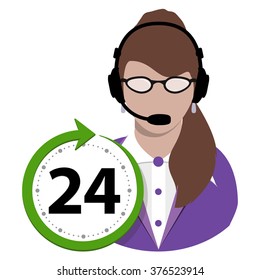 Call Center operator service and support around the clock or 24 hours and 7 days a week woman avatar flat style icon isolated on white background. Vector illustration